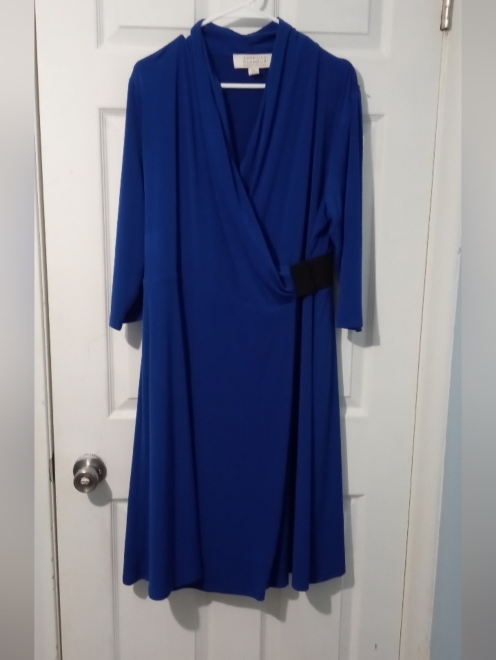 Badgley Mischka Cobalt Blue Asymmetrical Faux-Wrap Dress with Black Accent